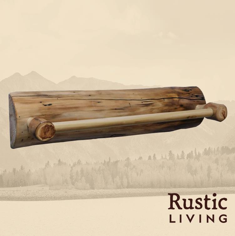 A rustic wooden towel bar with a mountainous background.