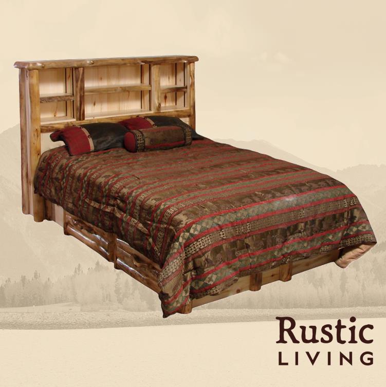 A rustic solid wood log bed frame with a headboard featuring drawers on both sides.