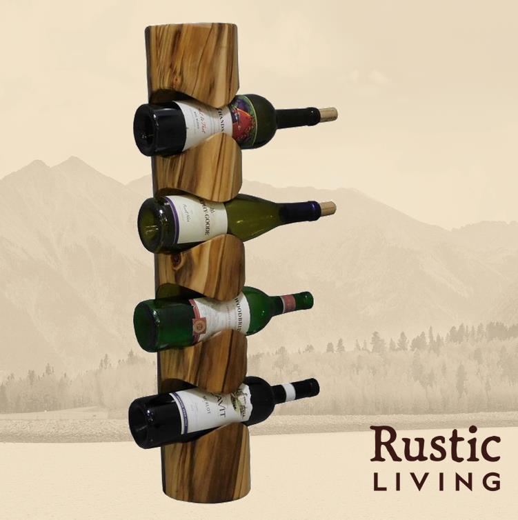 A rustic wooden wall mount wine rack holding several bottles of wine.