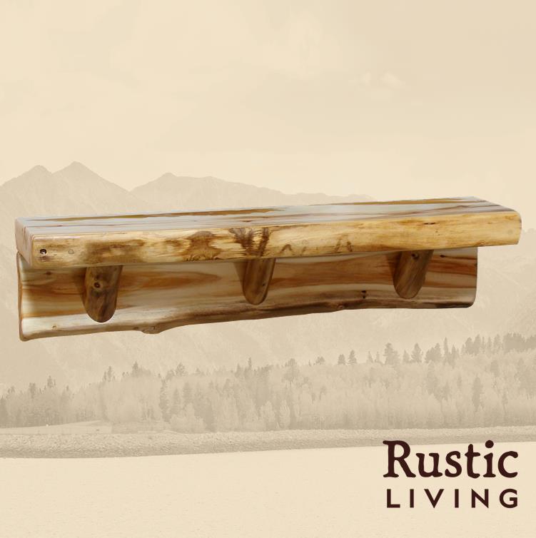 Rustic log wall shelf made from natural logs with visible wood grain and knots, featuring a sturdy, handcrafted design that adds a cozy, cabin-inspired touch to any wall.