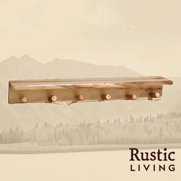 A wooden wall shelf coat rack with multiple pegs.