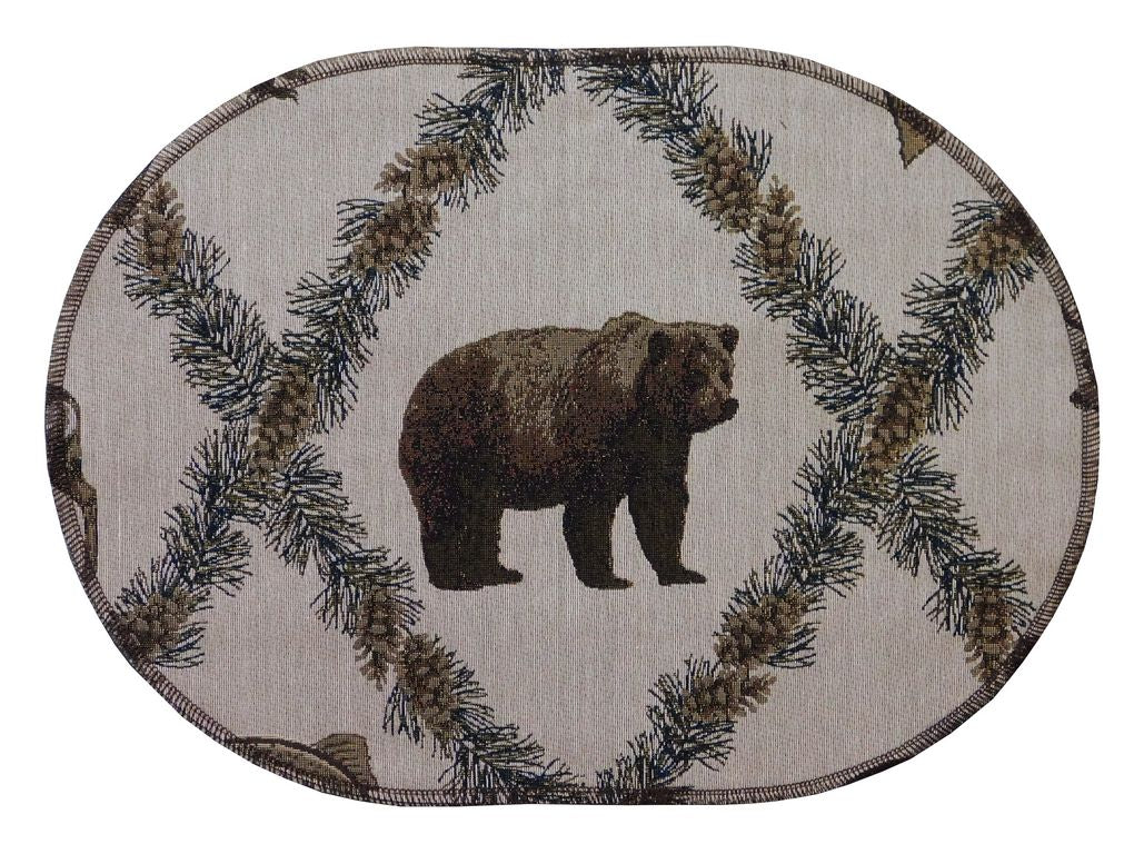 Oval placemat with a bear and pine cone pattern
