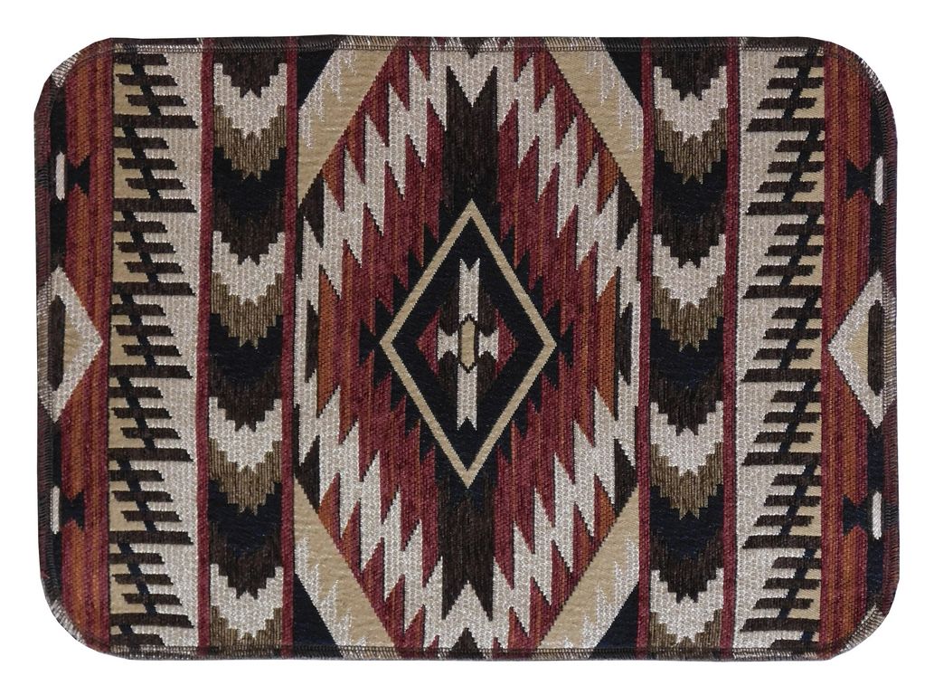 Rectangular placemat with a geometric pattern featuring red, beige, and brown colors.