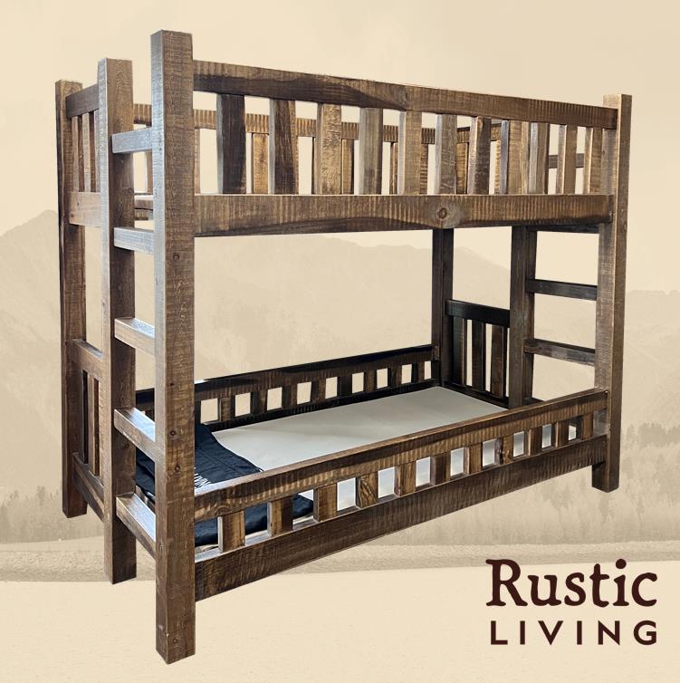 Handcrafted rustic farmhouse bunk bed made from solid aspen wood, featuring natural log accents and a space-saving design for cabin-style bedrooms.