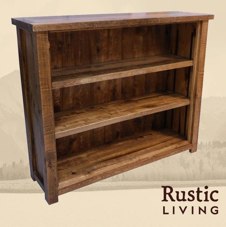 A rustic style wooden bookcase with three adjustable shelves.