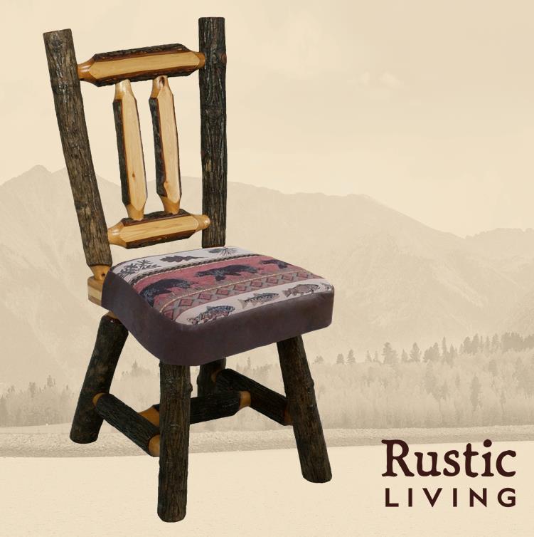 Woodland-style dining chair made from sturdy hickory logs, featuring a natural rustic finish with visible wood grain and knots. The chair has a slatted backrest and an upholstered seat, blending handcrafted charm with rugged durability.