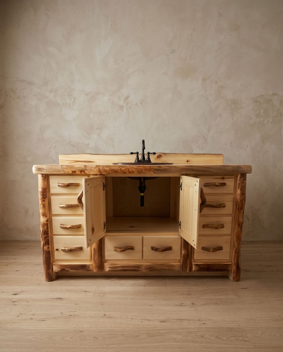 Rustic Log 9 Drawer Vanity in Flat Front