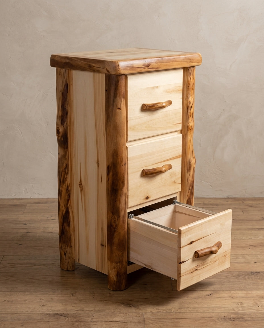 Aspen or Hickory Rustic Log 3 Drawer File Cabinet in Flat Front