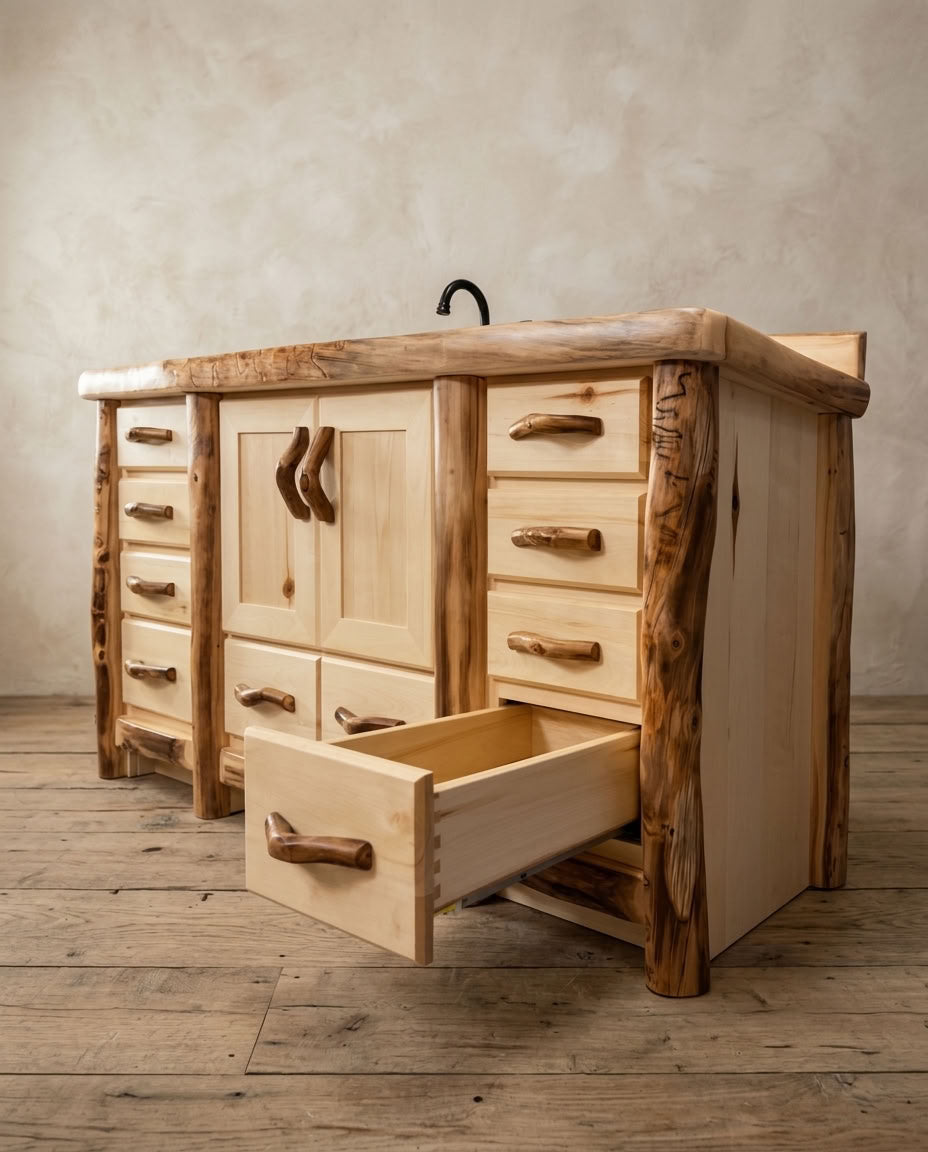 Rustic Log 9 Drawer Vanity in Flat Front