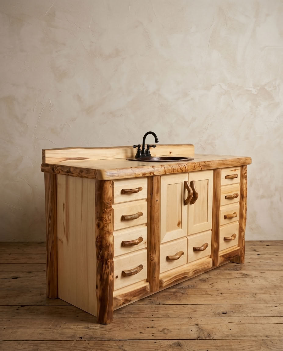 Rustic Log 9 Drawer Vanity in Flat Front