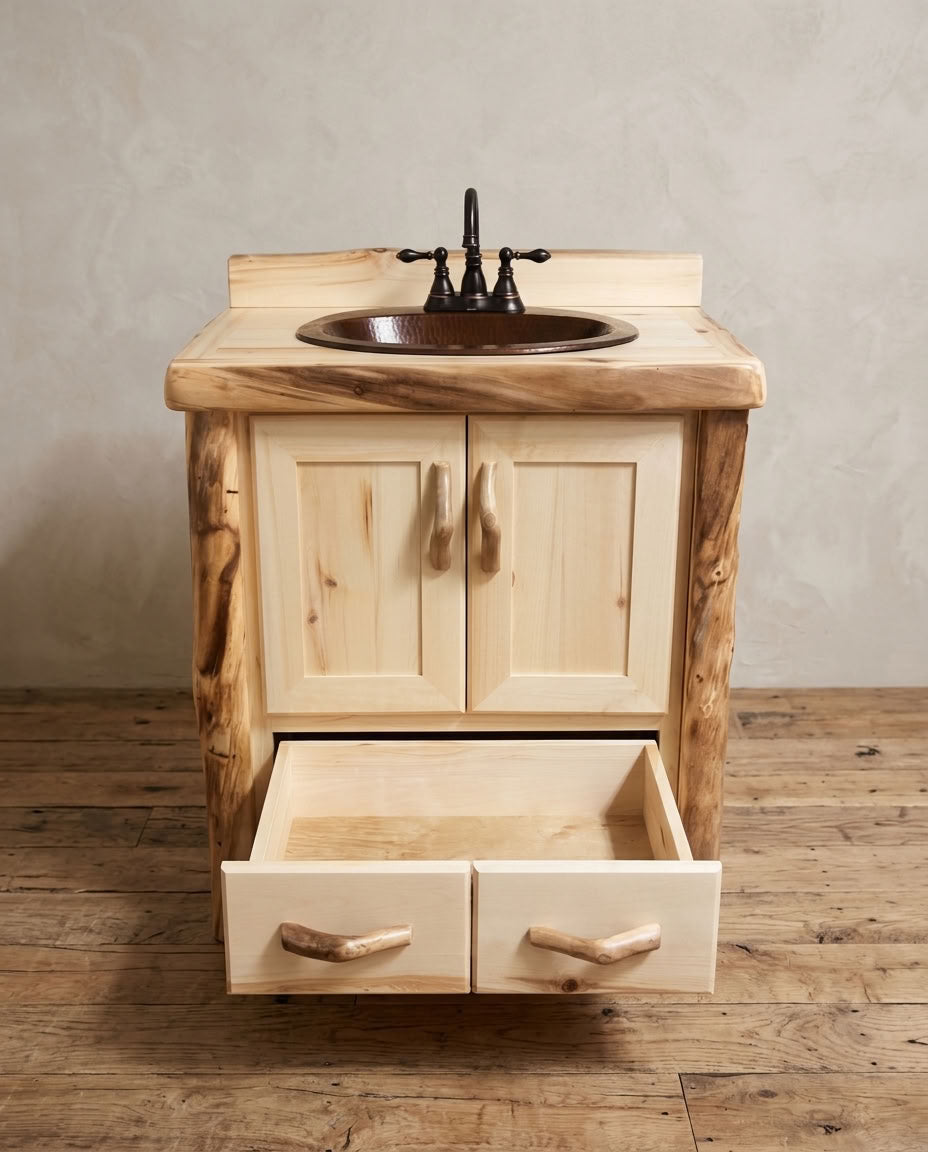 Aspen or Hickory Rustic Log 1 Drawer Vanity in Flat Front