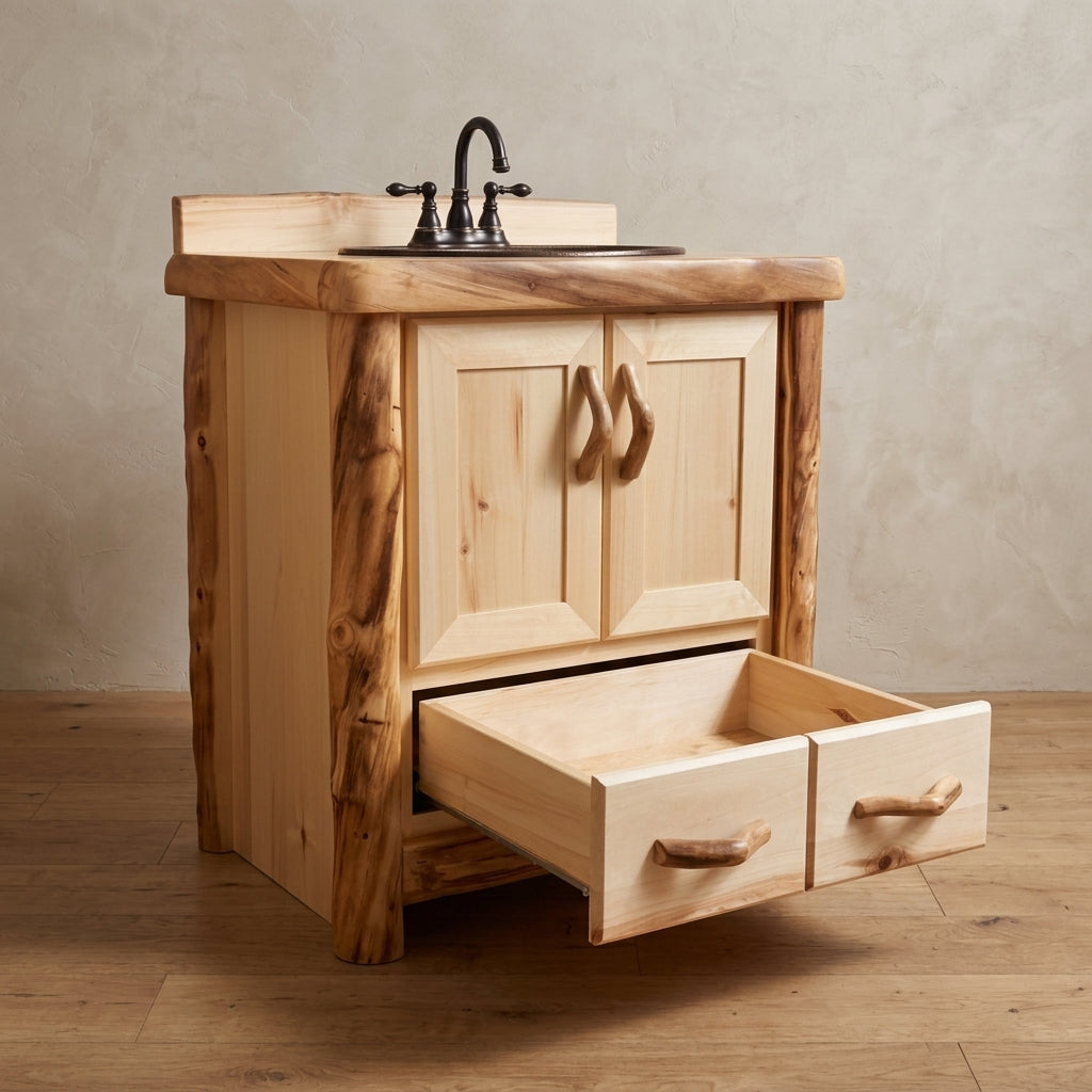 Aspen or Hickory Rustic Log 1 Drawer Vanity in Flat Front