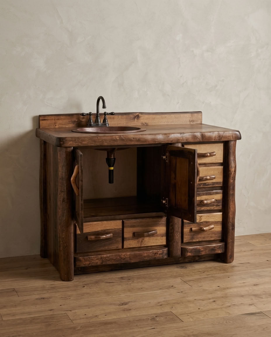 Aspen or Hickory Rustic Log 5 Drawer Vanity in Flat Front