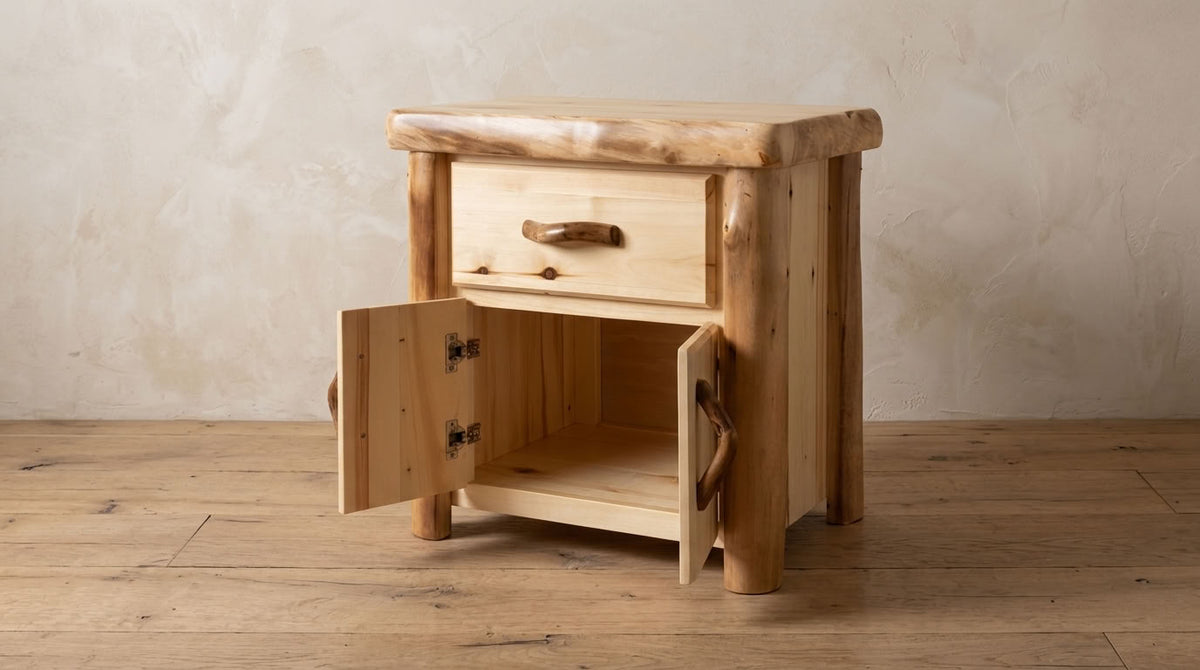 Aspen or Hickory Rustic Log Night Stand in Flat Front