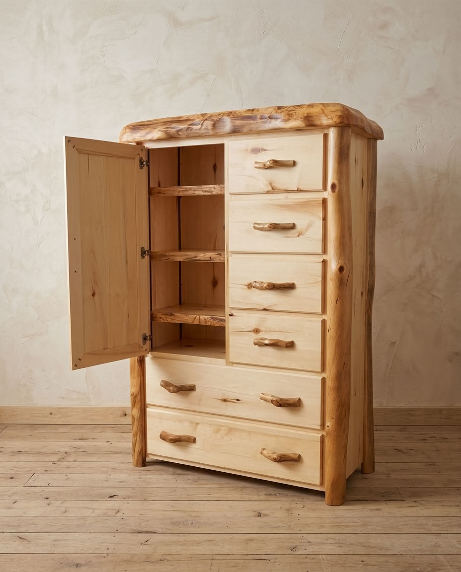Aspen or Hickory Rustic Log Chiffarobe in Flat Front