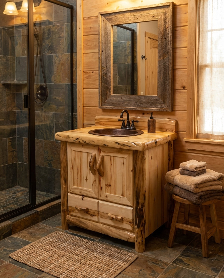 Aspen or Hickory Rustic Log 1 Drawer Vanity in Flat Front