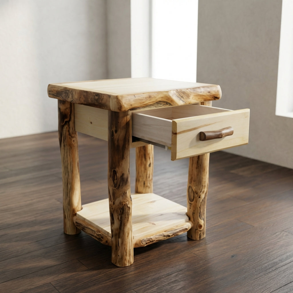 Aspen or Hickory Rustic Log 1 Drawer Night Stand in Flat Front