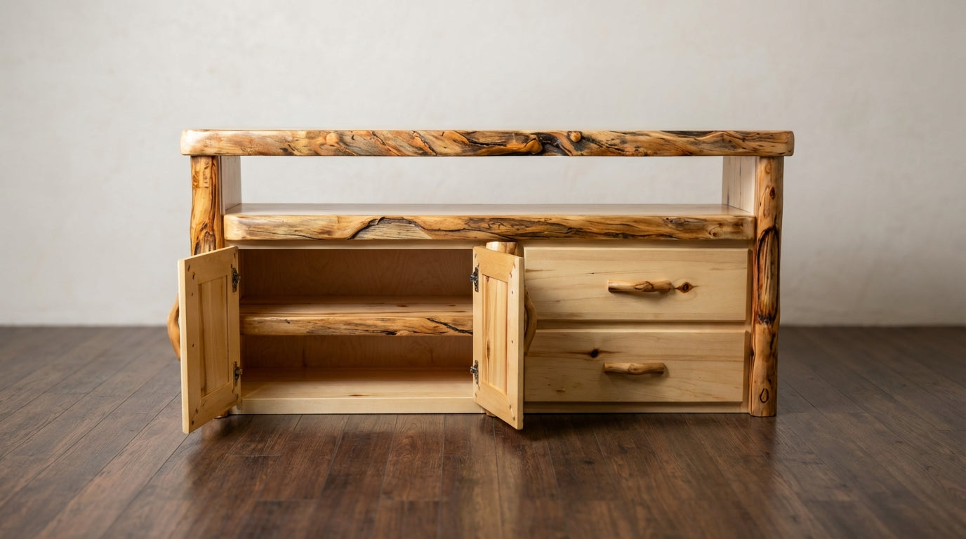 Aspen or Hickory Rustic Log 2 Drawer Television Stand in Flat Front