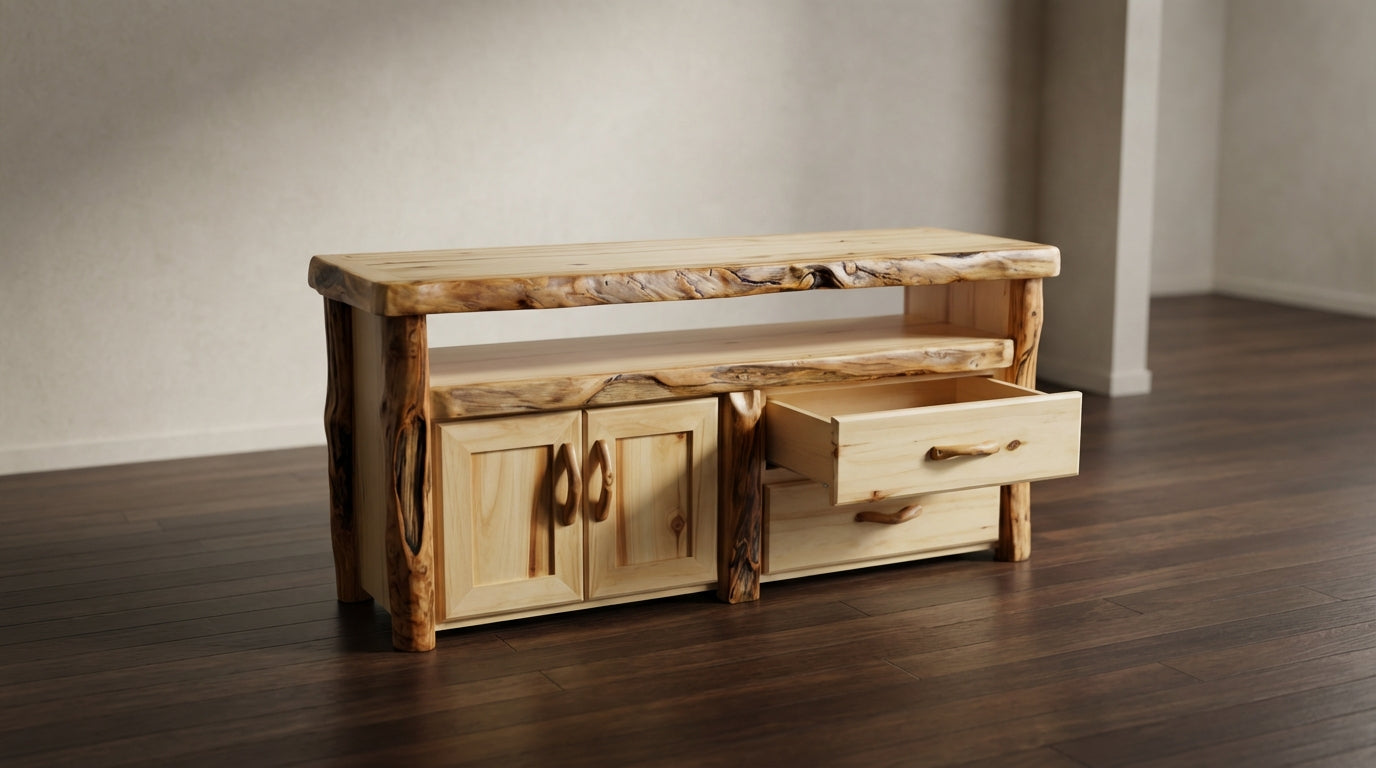 Aspen or Hickory Rustic Log 2 Drawer Television Stand in Flat Front