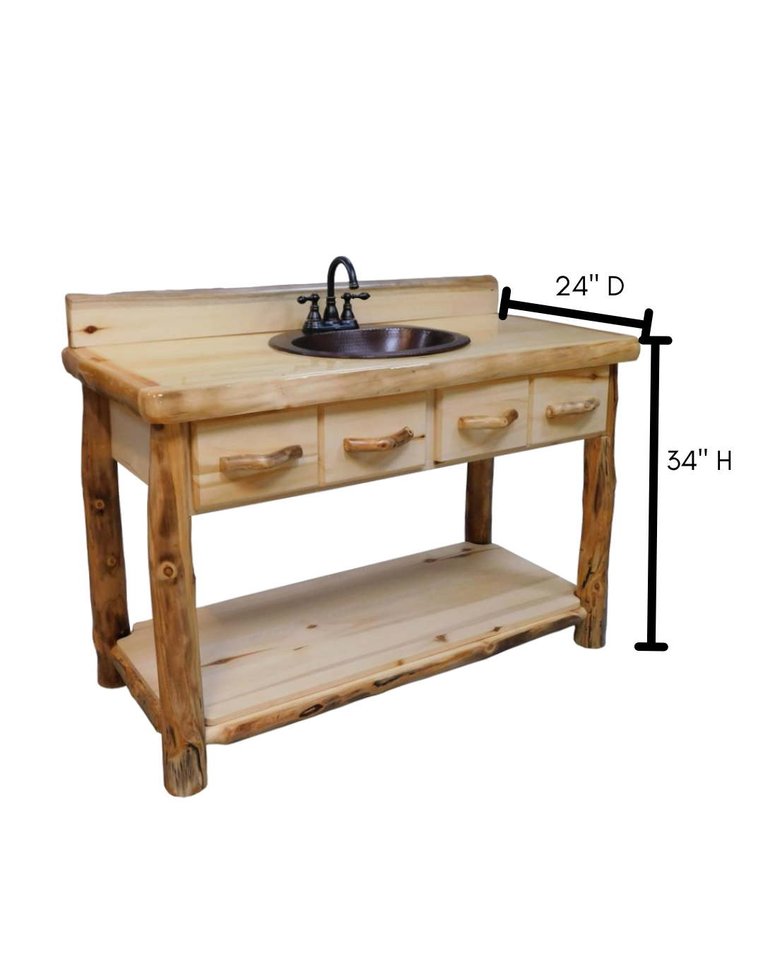 Aspen or Hickory Rustic Log 2 Drawer Vanity in Flat Front