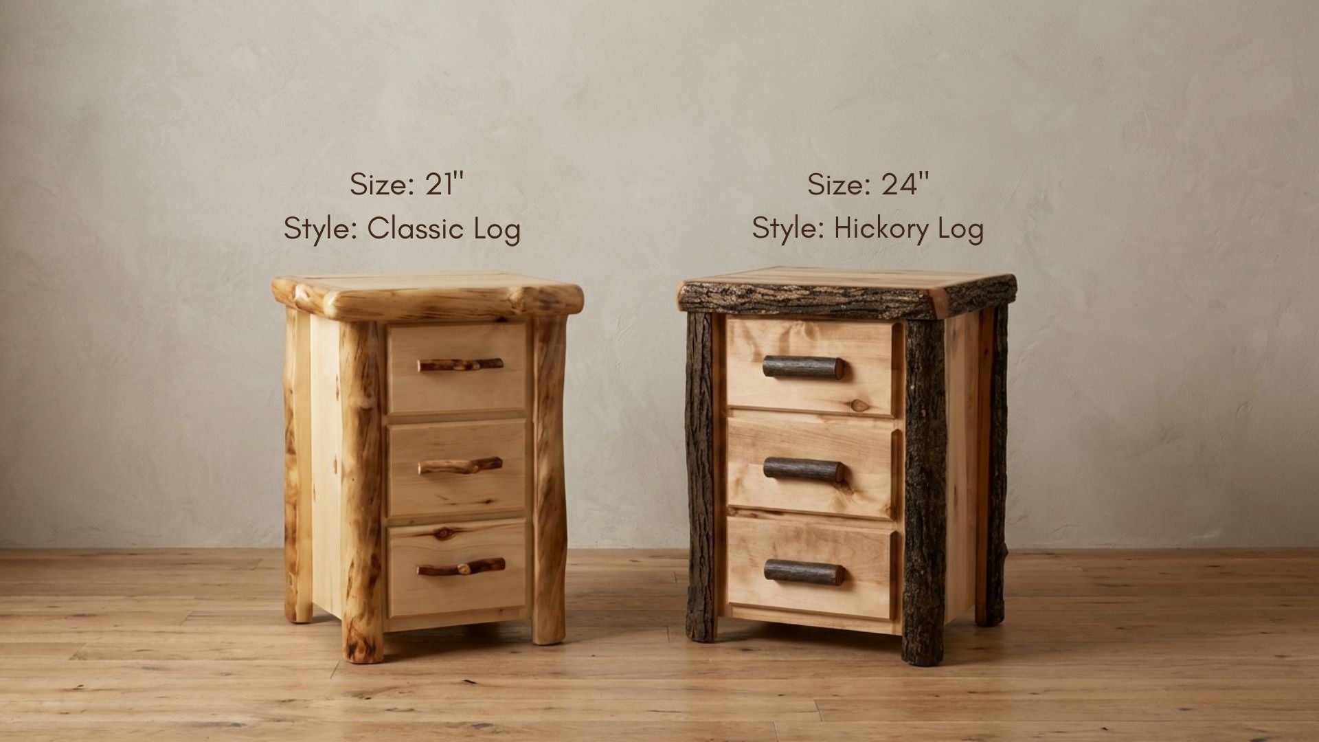 Rustic Log 3 Drawer Night Stand in Flat Front