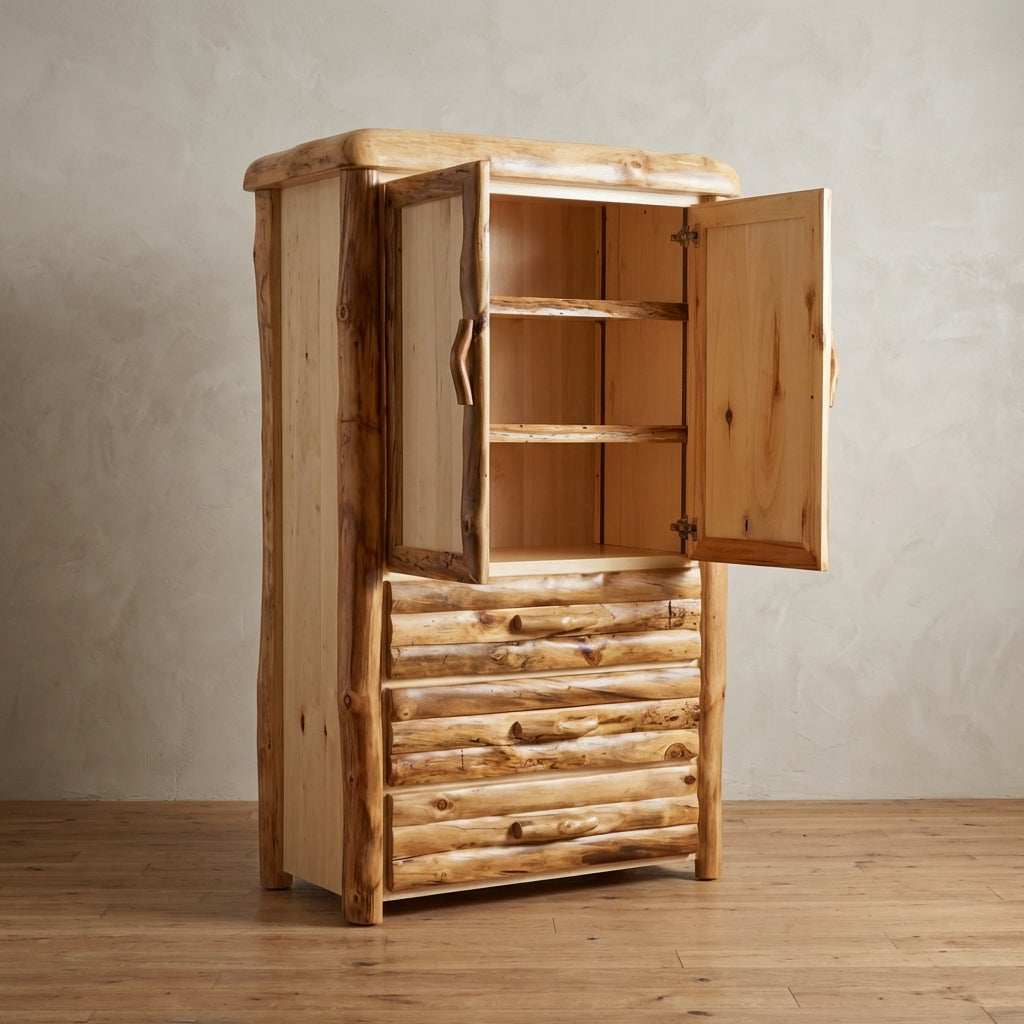 Log 3 drawer storage cabinet in log front. The cabinet has the doors open showing two adjustable shelves. 