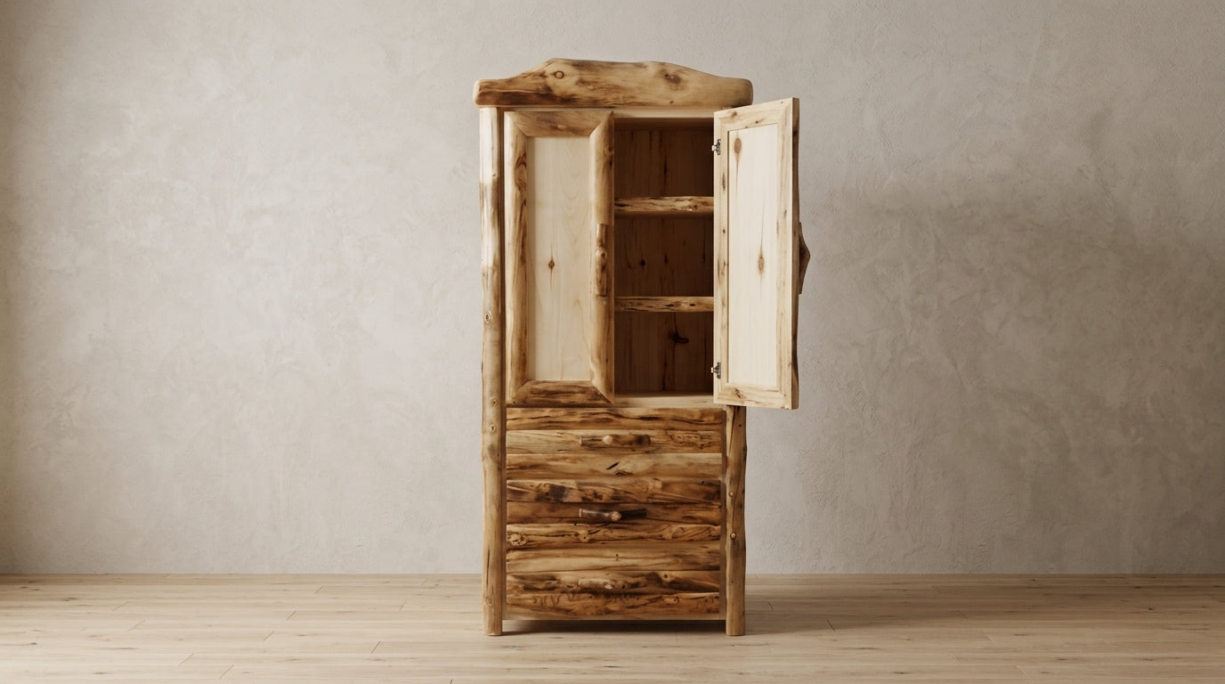 A rustic wooden cabinet with a natural log-like finish, featuring a tall upper section with one open door, two interior shelves, and three drawers below, set against a textured beige wall and light wood floor.