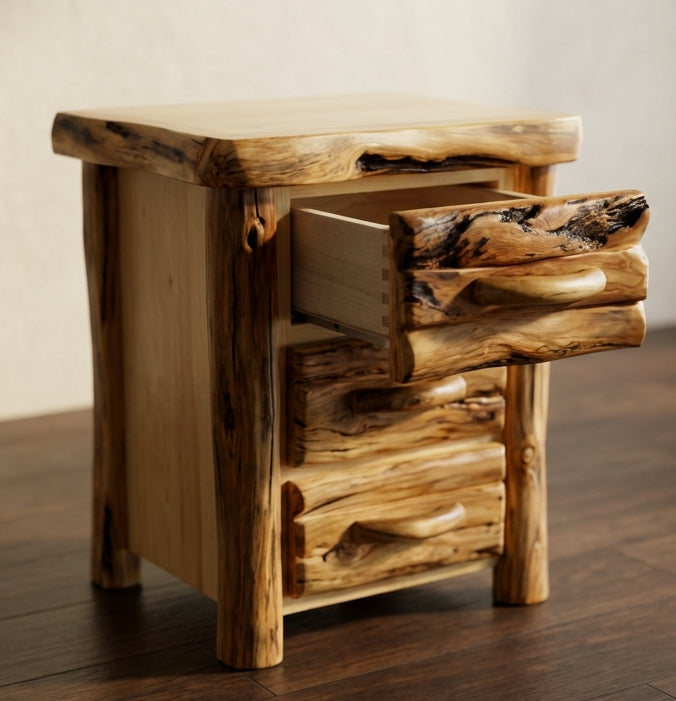 Aspen Rustic Log 3 Drawer Night Stand in Log Front
