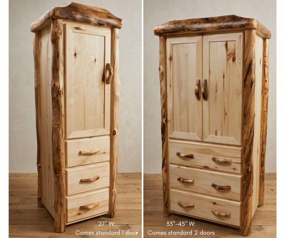 Two rustic wooden storage cabinets shown side by side on a wood floor against a plain wall. The left cabinet is 27" wide with one door and three drawers; the right cabinet is 33"-45" wide with two doors and three drawers.