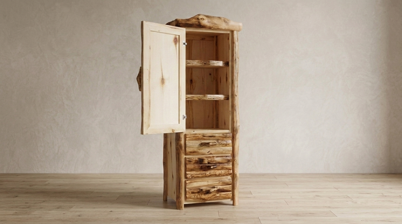 A rustic wooden storage cabinet with a single open door, 2 interior shelves, and a lower drawer section, shown against a neutral textured wall and light wood floor.