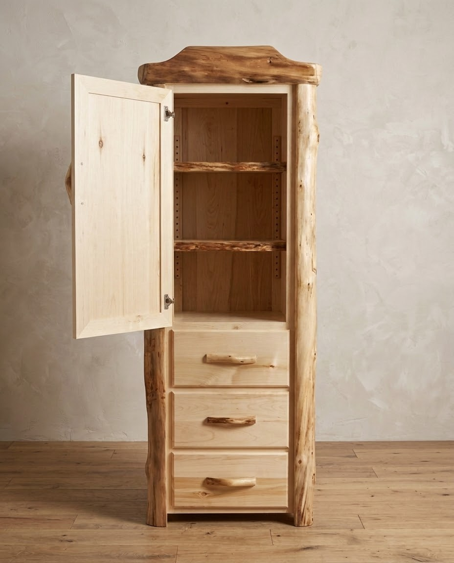 A rustic, handcrafted wooden cabinet with a natural live-edge design, featuring one open door, two interior shelves, and three drawers with rustic wood handles, set against a textured gray wall and light wood floor.