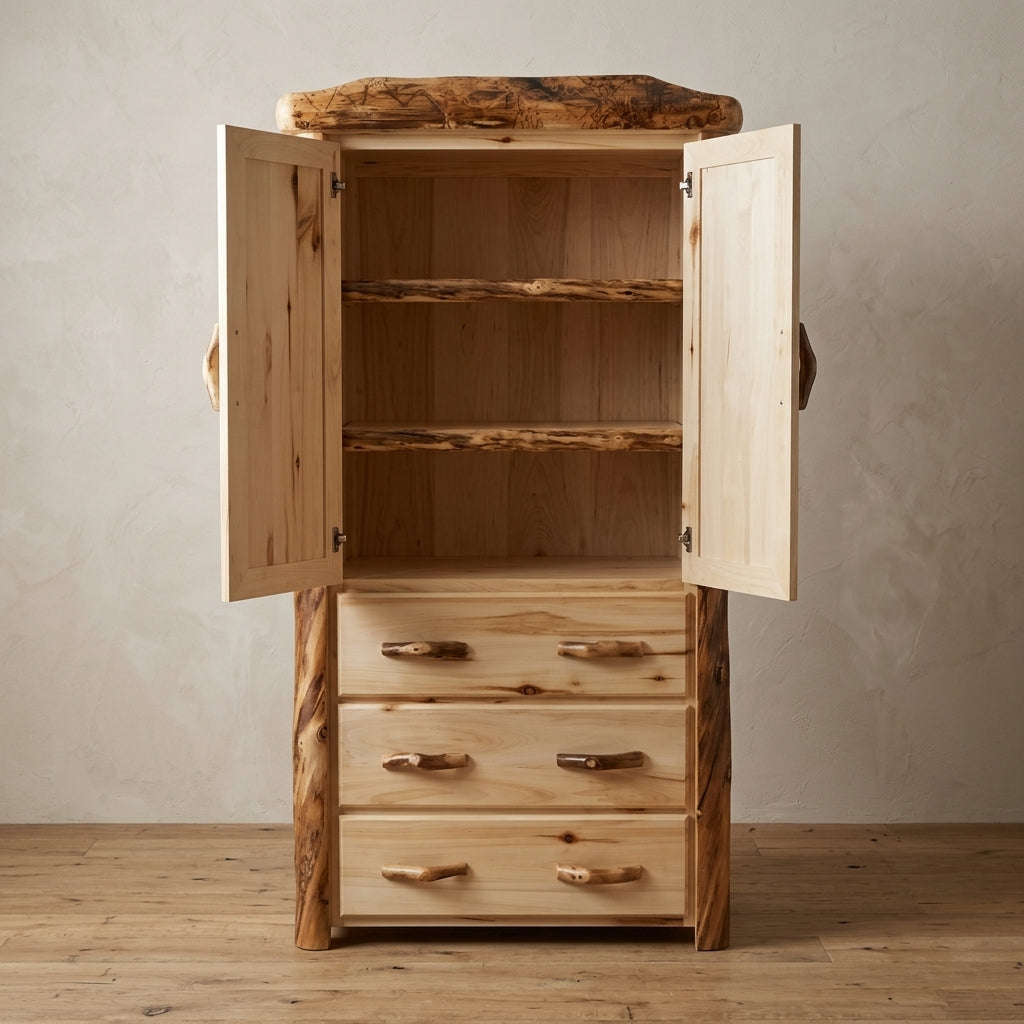 A rustic wooden cabinet with two open doors, three drawers, and a natural log-style top, shown on a wood floor against a textured beige wall.
