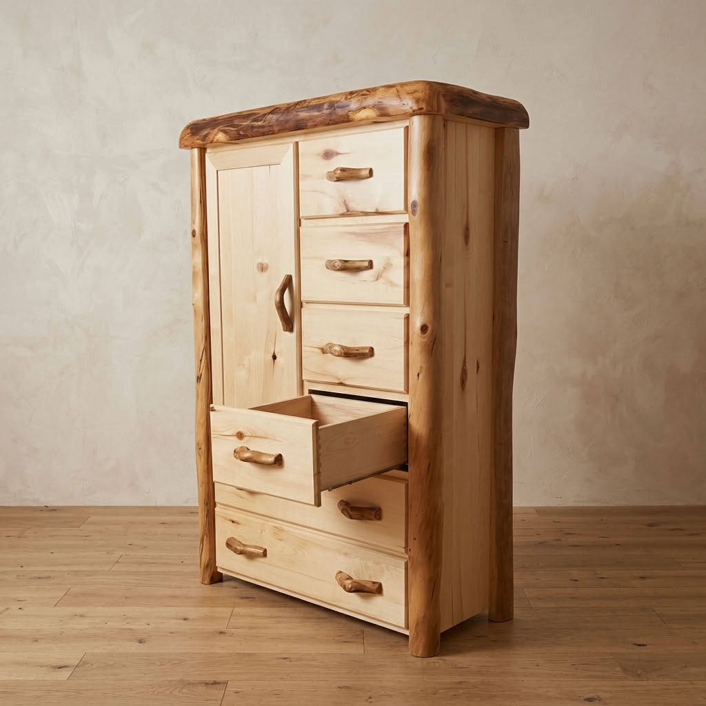 Aspen or Hickory Rustic Log Chiffarobe in Flat Front
