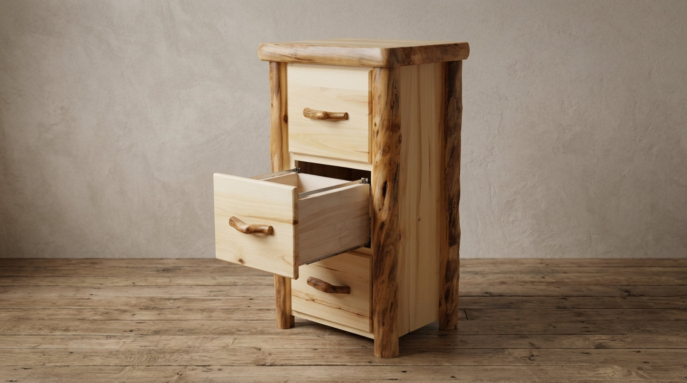 Aspen or Hickory Rustic Log 3 Drawer File Cabinet in Flat Front