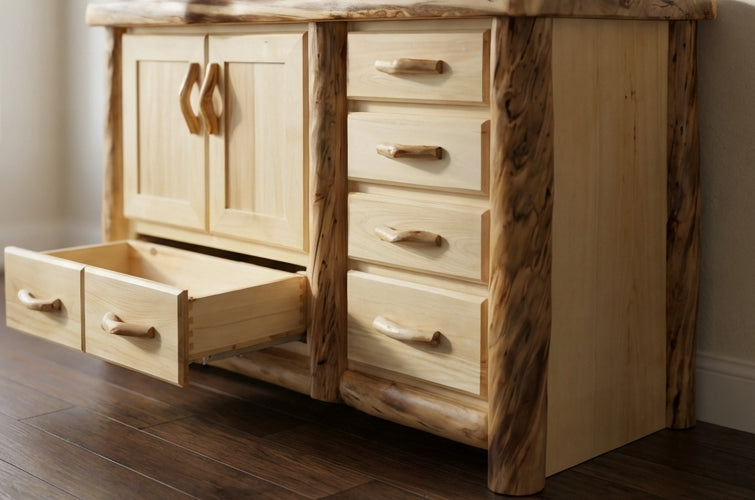 Aspen or Hickory Rustic Log 5 Drawer Vanity in Flat Front
