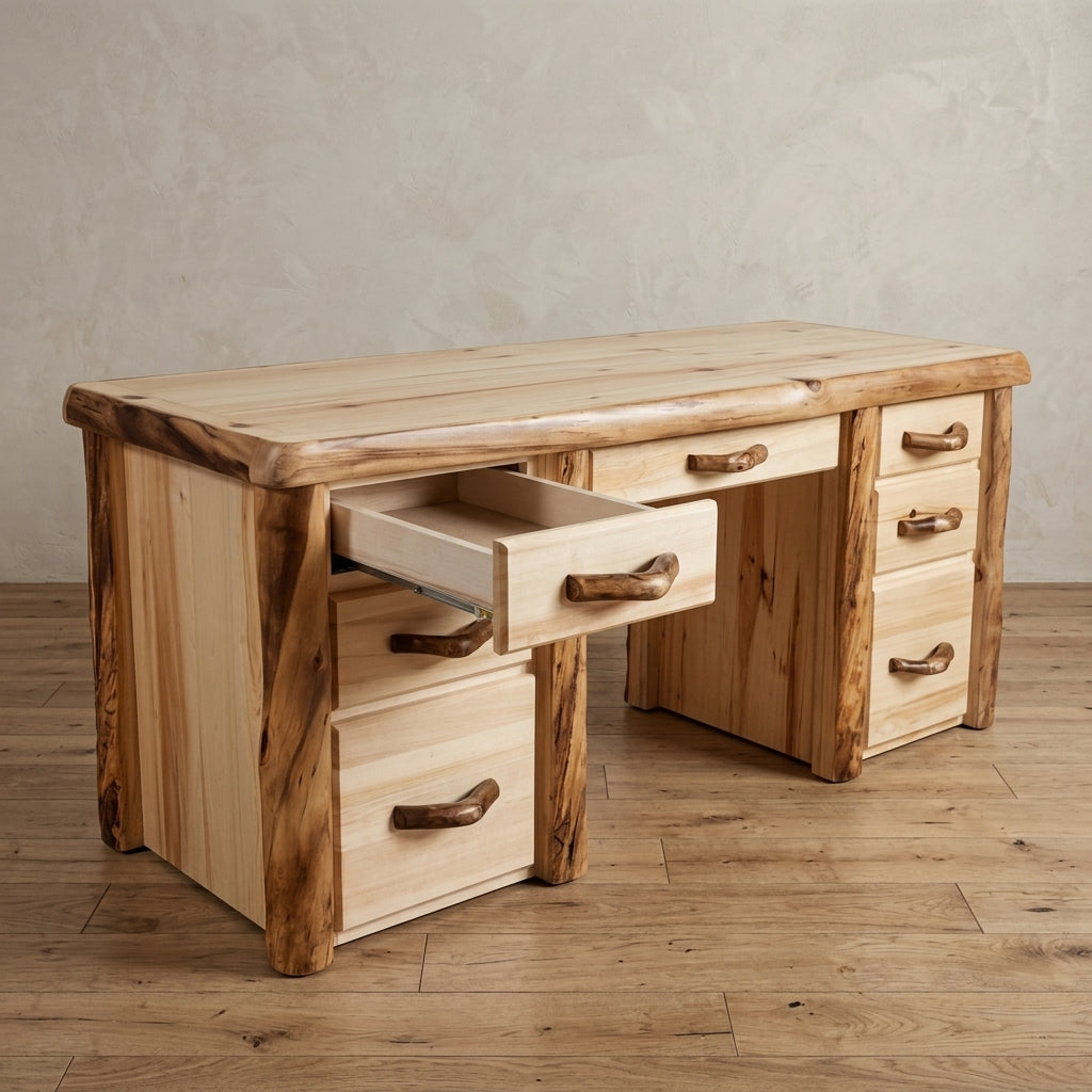 Aspen or Hickory Rustic Log Sierra Desk in Flat Front