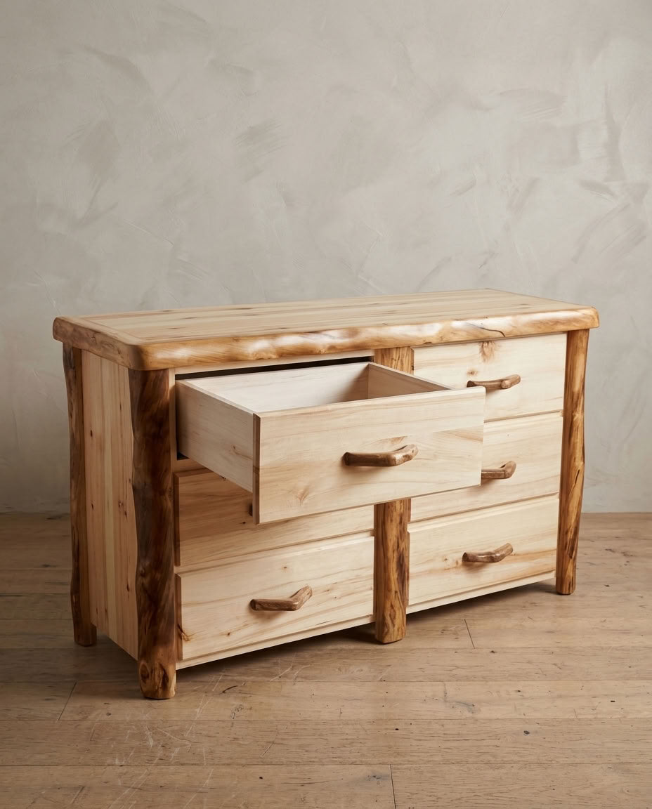 Rustic Log 6 Drawer Dresser in Flat Front
