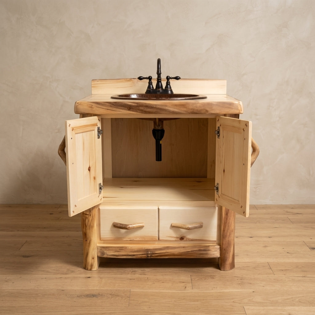 Aspen or Hickory Rustic Log 1 Drawer Vanity in Flat Front