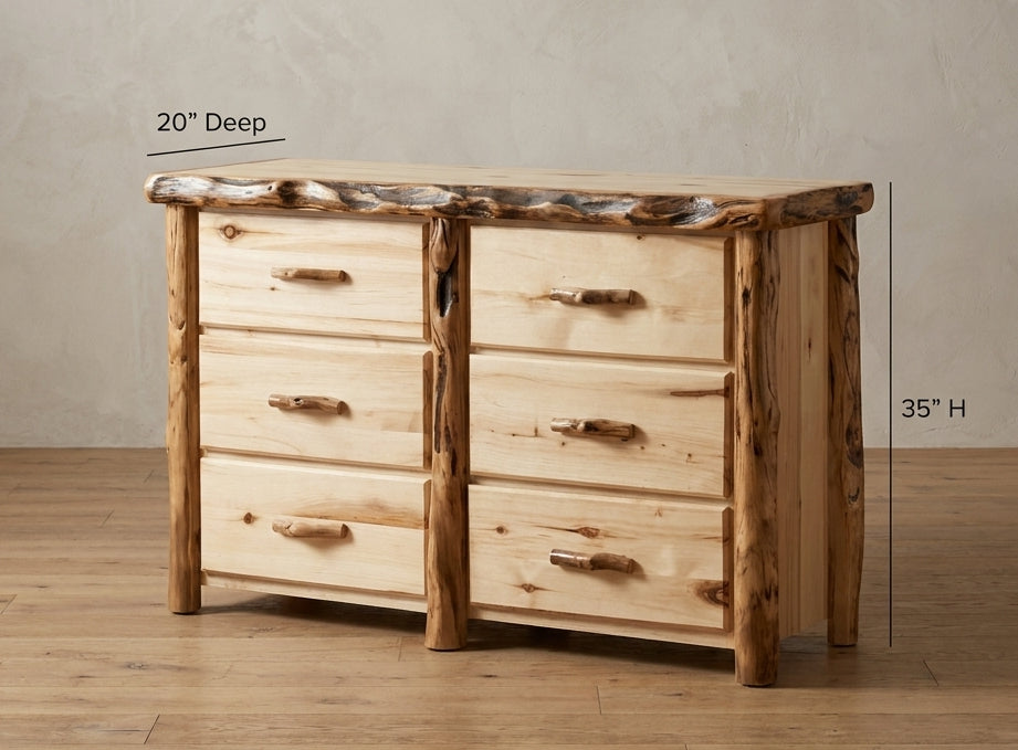 Rustic Log 6 Drawer Dresser in Flat Front