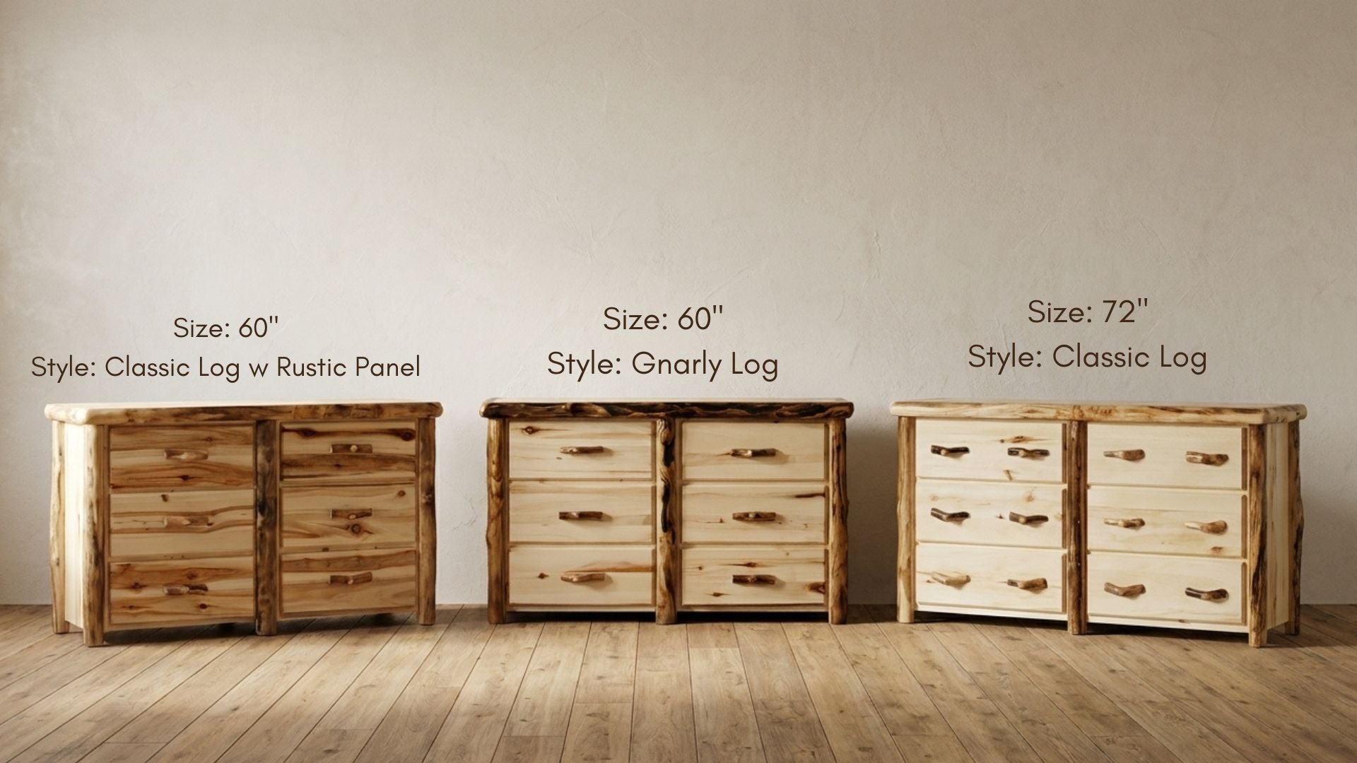 Rustic Log 6 Drawer Dresser in Flat Front