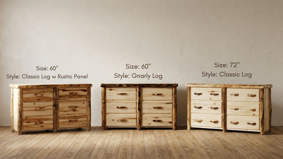 Three log dressers of different styles and sizes against a plain wall.