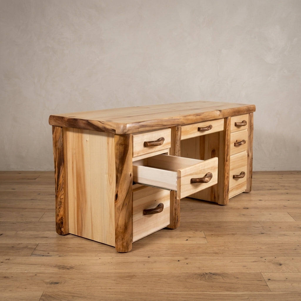 Aspen or Hickory Rustic Log Sierra Desk in Flat Front