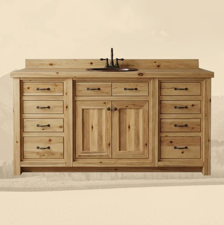 Farmhouse 8 drawer bathroom vanity with a single sink on a beige background. 