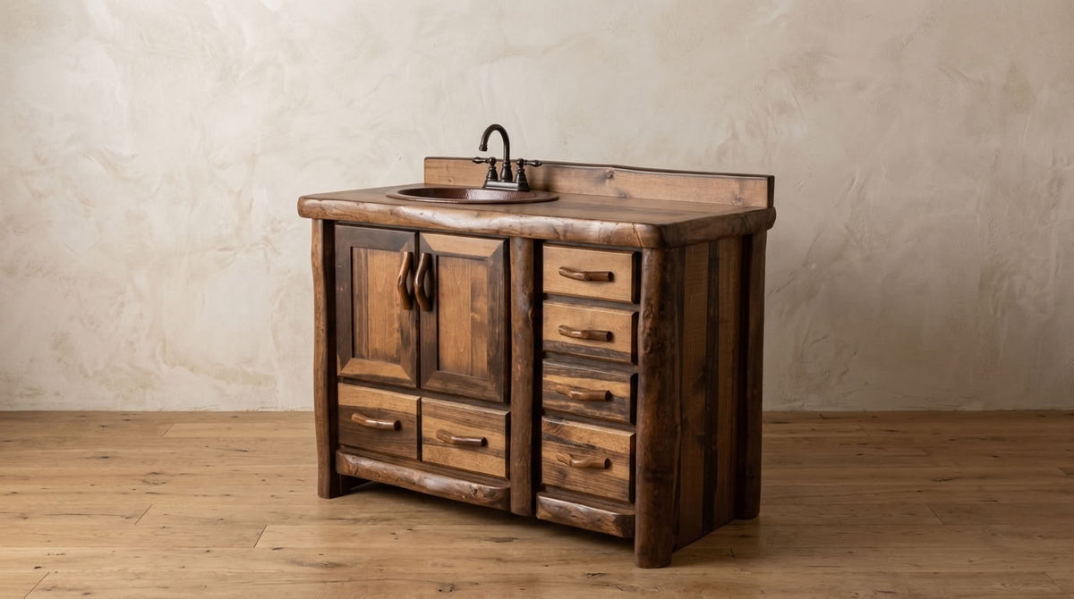 Aspen or Hickory Rustic Log 5 Drawer Vanity in Flat Front