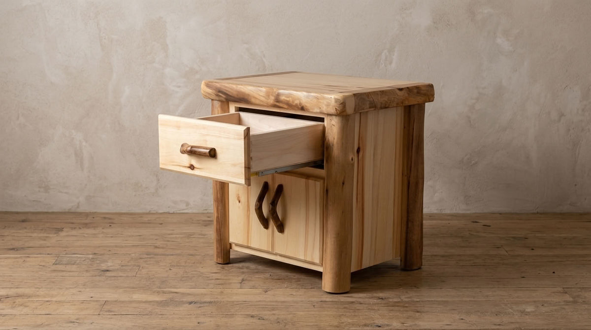 Aspen or Hickory Rustic Log Night Stand in Flat Front