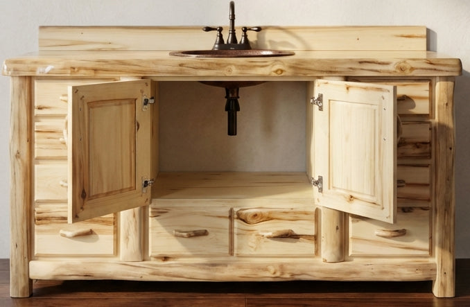 Rustic Log 9 drawer vanity shown with it's door open. The cavity shows the open cavity where the plumbing would go. 