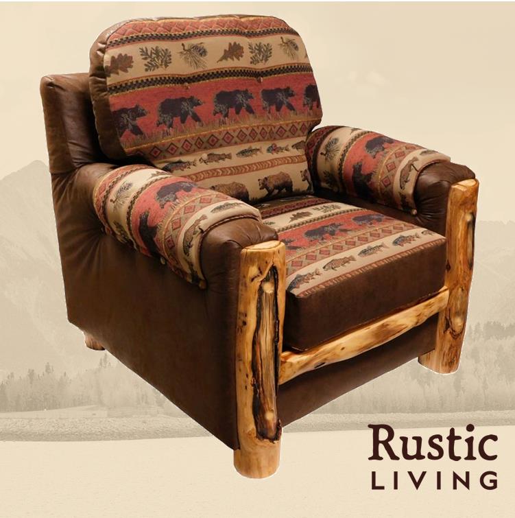 Rustic Mountain Comfort chair crafted from aspen logs, featuring a sturdy log frame with thick armrests,  and plush cushions for a cozy lodge-style seating experience.
