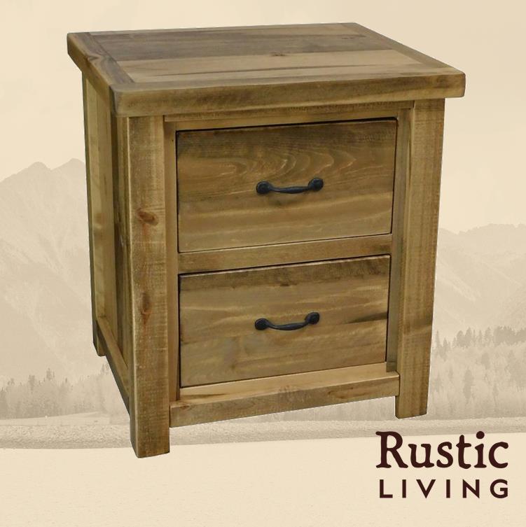 Rustic Farmhouse 2 drawer night stand in artisan handmade in America using solid wood custom made for your mountain cabin, lodge, farmhouse, ranch and western lifestyle. A rustic wooden nightstand with two drawers and metal handles.