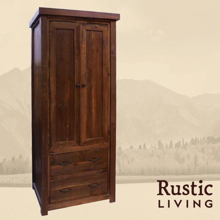 A rustic style wooden storage cabinet with two doors and drawers. Rustic Farmhouse 2 drawer storage cabinet in artisan handmade in America using solid wood , undermount drawer glides, and soft close drawers and doors  custom made for your mountain cabin, lodge, farmhouse, ranch and western lifestyle.
