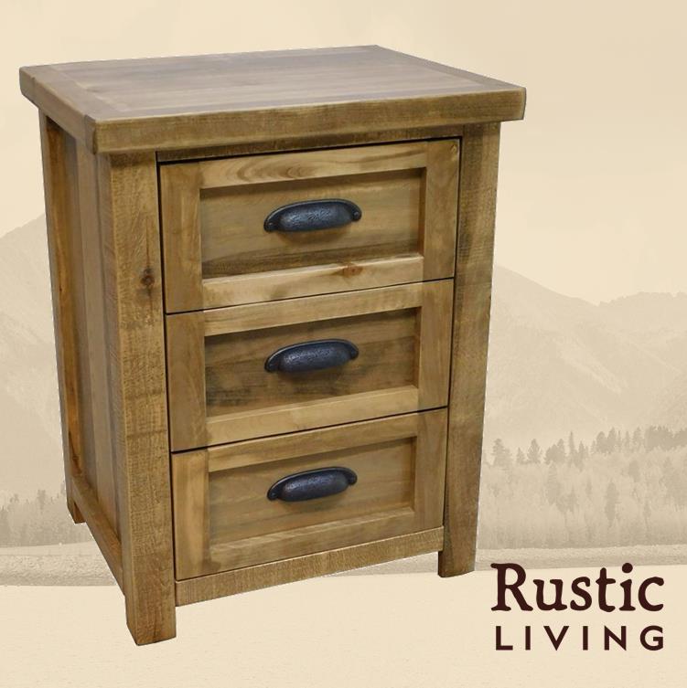 Rustic Farmhouse 3 drawer night stand in heritage handmade in America using solid wood custom made for your mountain cabin, lodge, farmhouse, ranch and western lifestyle. A rustic wooden nightstand with three drawers featuring metal handles. 